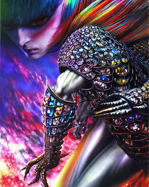 Image similar to realistic detailed image of ultra wrathful rainbow diamond iridescent mega griffith from berserk, depth perception, depth of field, action horror by ayami kojima, neo - gothic, gothic, part by adrian ghenie and gerhard richter. art by yoshitaka amano. masterpiece