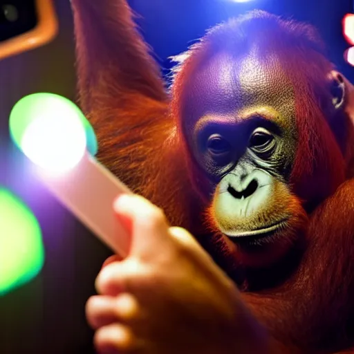 Prompt: A photo of an orangutan taking a selfie with Michael Gove at the club, disco lights, bokeh, hyperdetailed