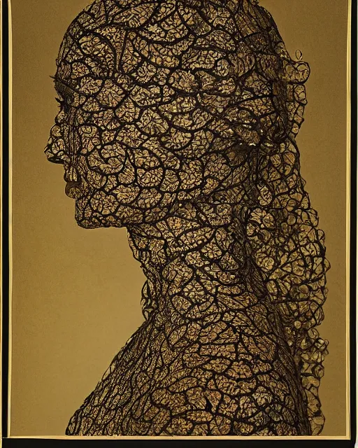 Image similar to a woman's face in profile, made of intricate lace leaves, in the style of the dutch masters and gregory crewdson, dark and moody