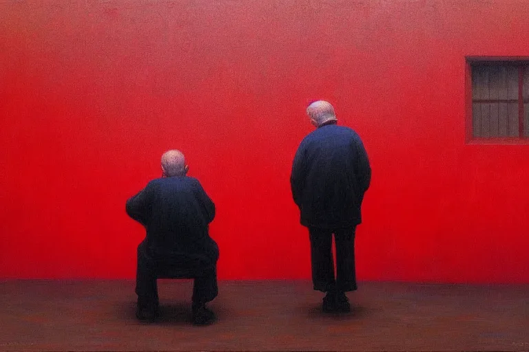 Image similar to only with red, a red old man try to sell a portrait, cheering crowd, in a old city square, in the style of beksinski, parts by edward hopper, parts by rodcenko, parts by yue minjun, intricate and epic composition, red by caravaggio, insanely quality, highly detailed, masterpiece, red light, artstation, 4 k