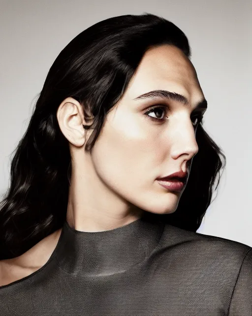 Prompt: professional head shot photograph of fashion model gal gadot wearing black suit by reza nia, nick knight, amy judd, jil sander minimal romantic heavenly elite style, posed, fluorescent makeup, beautiful, studio, studio lighting, flat natural tones, sharp focus, 8 k, very fine detail, stunning matte painting