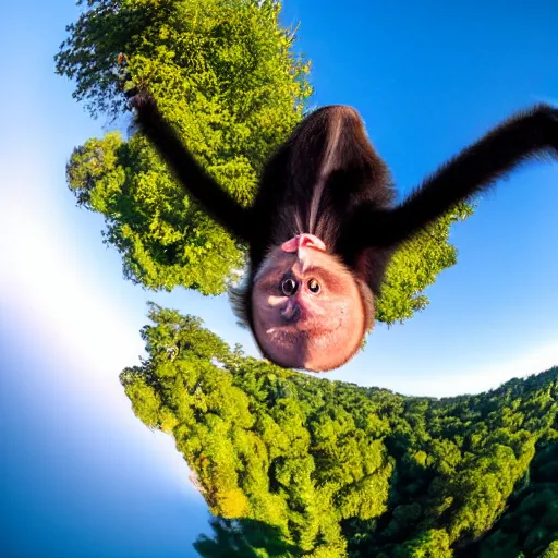 Image similar to gibbon gangling upside down from a hot - air balloon, posing for the camera, fisheye lens