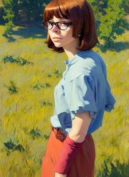 Image similar to Greg Manchess painting of Velma Dinkley, anime style, countryside, calm, fantasy character portrait, dynamic pose, above view, sunny day, artwork by Jeremy Lipkin and Giuseppe Dangelico Pino and Michael Garmash and Rob Rey and Makoto Shinkai, very coherent asymmetrical artwork, sharp edges, perfect face, simple form, 100mm