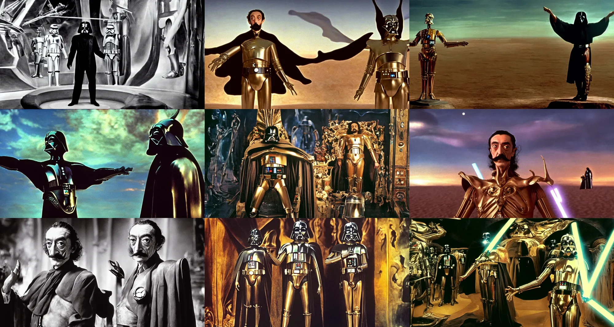 Prompt: the full body shot of salvador dali in the role of emperor of universe | still frame from the star wars movie by ridley scott with cinematogrophy of christopher doyle and art direction by hans giger, anamorphic bokeh and lens flares, 8 k, higly detailed masterpiece