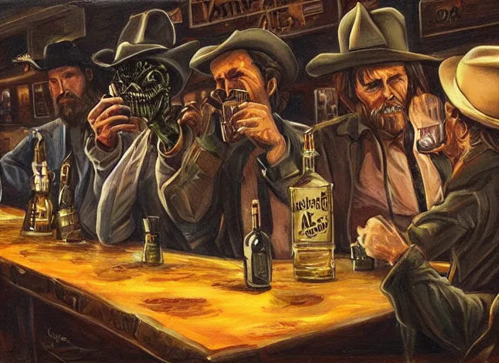 Image similar to aliens drinking whiskey in a western bar, painting, detailed, sharpness, moody