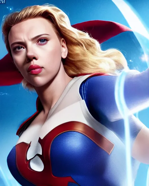 Prompt: scarlett johansson portraying a beautiful power girl from dc, beautiful scarlett johansson power girl, movie, hyper realistic, hollywood promotional image, imax, 8 k