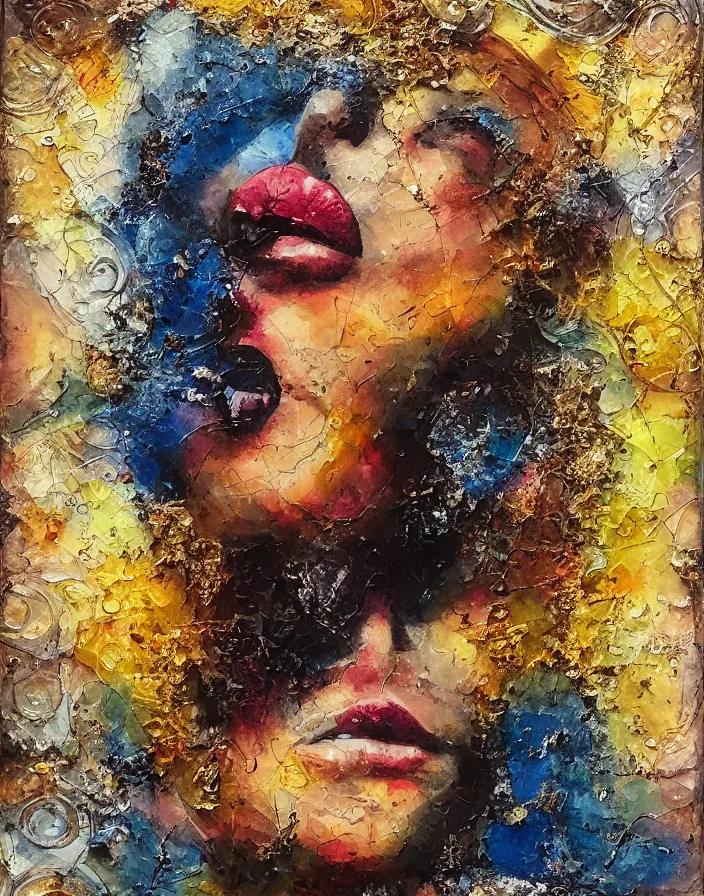 Prompt: celestial kiss detailed and highly reliefed analogue mixed media collage with canvas texture in style of conteporary art, punk art, hyperrealistic beautiful face, photorealistic, expressionism, masterpiece, perfect composition, spectacular quality, intricate oil details