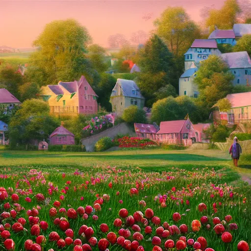 Prompt: a beautiful oil painting of raspberry cottages over a serene landscape, apples and various fruits everywhere, 4k unreal engine renders, ultra-wide angle, by victo ngai, Jen Yoon, Geof Darrow, Peter Mohrbacher, johfra bosschart,Giuseppe Arcimboldo, Thomas Kinkade,miho hirano , HD, pastel color scheme