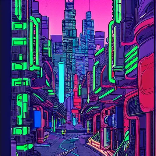 Image similar to neon cyberpunk city street in the style of Jean Giraud, Moebius