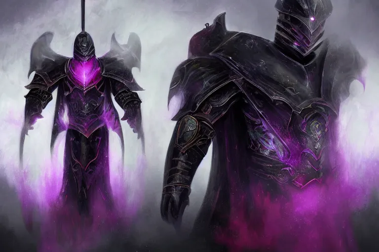 Image similar to masterpiece digital painting of an evil knight, full heavy black obsidian armor, chaotic ruby inlays, cape, by kev walker, atmospheric fog effects background, purple sparkles, artstation, deviantart, full body view, cinematic lights