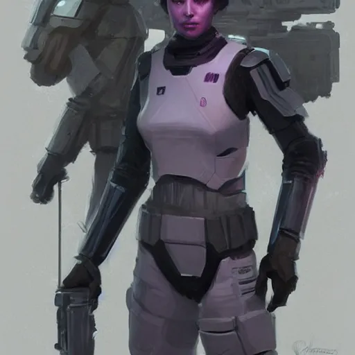 Image similar to concept art of a portrait by greg rutkowski, a soldier of the galactic dominion wearing gray and purple tactical gear, star wars expanded universe, smooth, sharp focus, artstation hq.