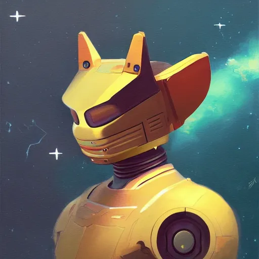 Image similar to a half robot cat wearing a hat medium shot, asymmetrical, profile picture, organic painting, nebula, matte painting, bold shapes, hard edges, street art, trending on artstation, by huang guangjian and gil elvgren and sachin teng