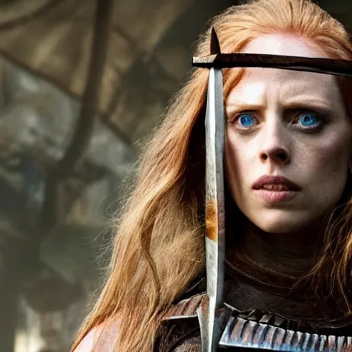 Image similar to deborah ann woll as a barbarian warrior in a dystopian future battleground