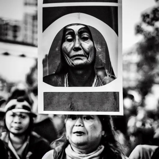 Image similar to hunnic protester face photo black and white wide angle lense