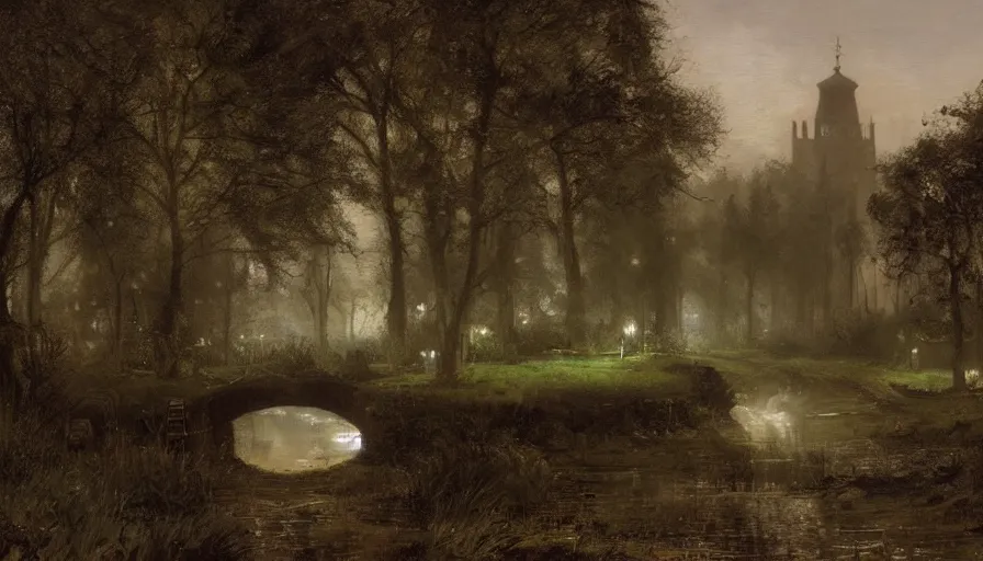 Image similar to nighttime, dark, woodland, muddy path with steam emerging from culvert flowing into pond, to the right a dark, cylindrical stone tower building, night, vladimir motsar and tyler edlin and john william waterhouse and morgan weistling