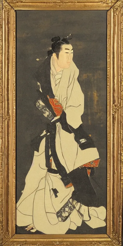 Prompt: romantic period style atmospheric oil painting of a Japanese Samurai