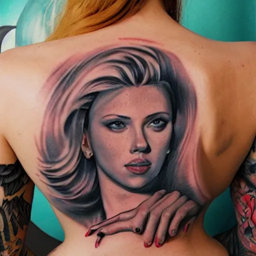 Image similar to tattoo of Scarlett Johansson, by Loish, back tattoo