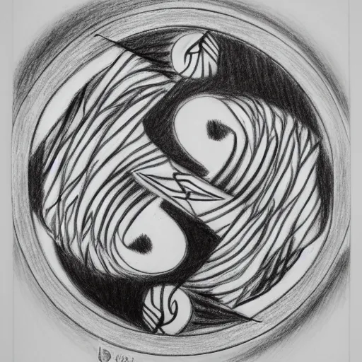 Image similar to a drawing of a woman giving birth to emercging yin - yang daoist symbol, black and white detailed pencil drawing dao