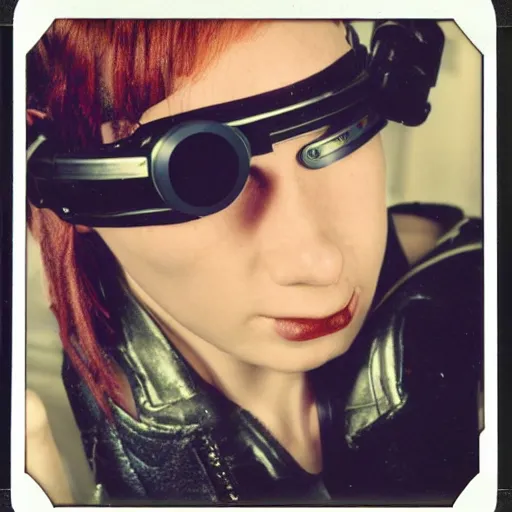 Prompt: damaged polaroid!! photo! of female cyberpunk, wearing futuristic goggles, leather jacket, cyborg! photorealistic, hyper real, 8 k, high details, wires cybernetic implants, machine noir grimcore in cyberspace photoreal, atmospheric