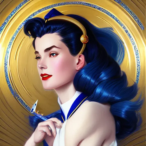 Prompt: Grace Kelly with Dark Blue Hair as Sailor Moon, western, D&D, fantasy, intricate, elegant, highly detailed, digital painting, artstation, concept art, matte, sharp focus, illustration, art by Artgerm and Greg Rutkowski and Alphonse Mucha