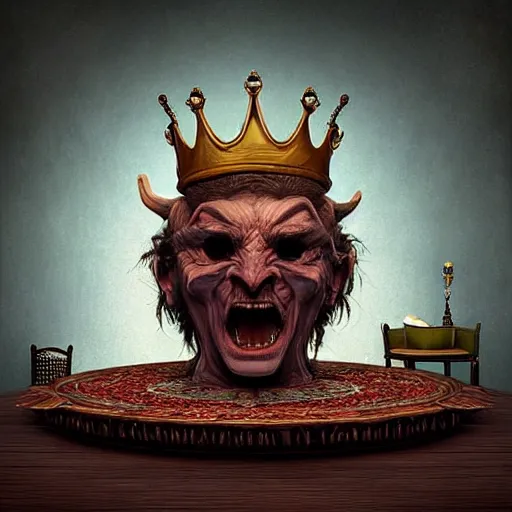 Prompt: ~ ~ a demon!!!!! with a crown!!!!! sitting on top of a table ~ ~, a character portrait by vladimir kush!, @ zbrush central # contest winner, fantasy art, @ zbrush, # dystopian art, # rococo, hyperrealistic