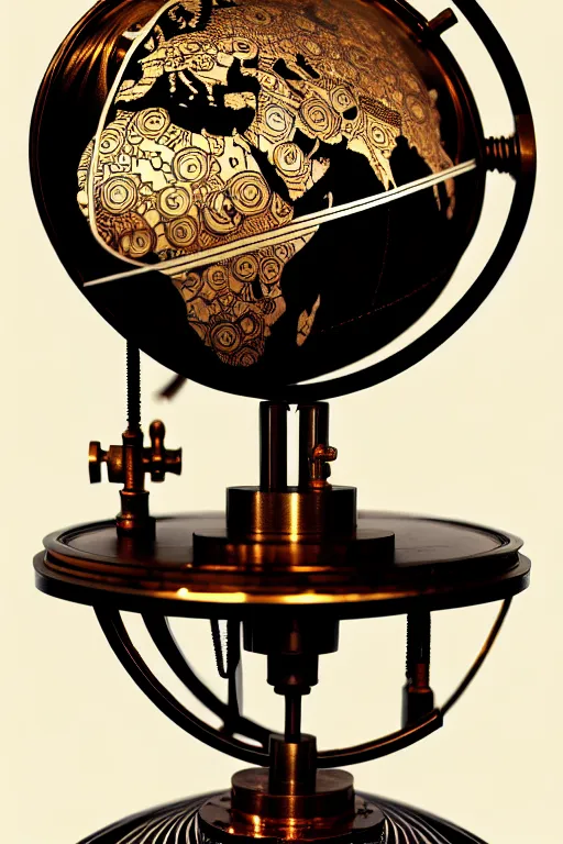 Prompt: ornate steampunk rotating globe on stand, high details, lineart, by vincent di fate, inking, 3 color screen print, masterpiece, trending on artstation, sharp, high contrast, hyper - detailed,, hd, 4 k, 8 k