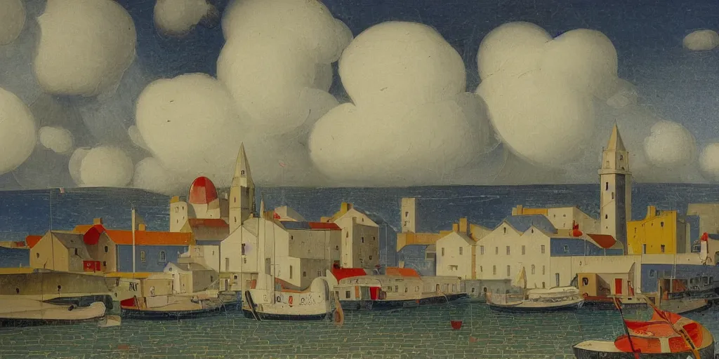 Prompt: a painting of the harbour at Stromness, orkney islands, small houses, boats, sea, stormy clouds, by Fra Angelico