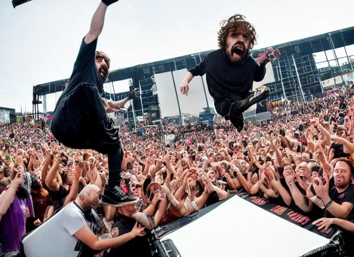 Image similar to photo still of peter dinklage at the vans warped tour!!!!!!!! at age 3 6 years old 3 6 years of age!!!!!!!! stage diving into the crowd, 8 k, 8 5 mm f 1. 8, studio lighting, rim light, right side key light