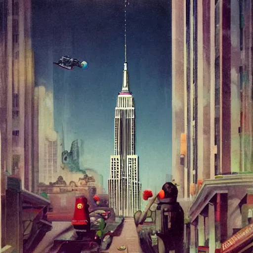 Image similar to Jetpack Santa flying past the empire state building greg rutkowski giorgio de chirico john currin clarence holbrook carter mark ryden simon stalenhag