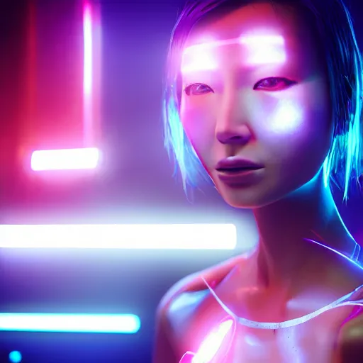 Prompt: japanese model cyborg with digital led skin, neon lighting, techno neon projector background, portrait photo, unreal engine 5, depth of field, bokeh, octane render