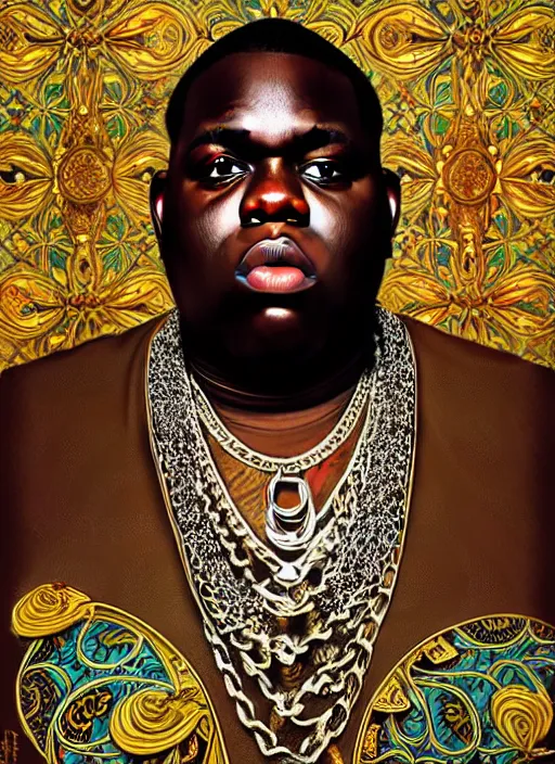 Prompt: : notorious big , fantasy magic,  , intricate, sharp focus, illustration, highly detailed, digital painting, concept art, jahbu art and Paul lewin and kehinde wiley, masterpiece