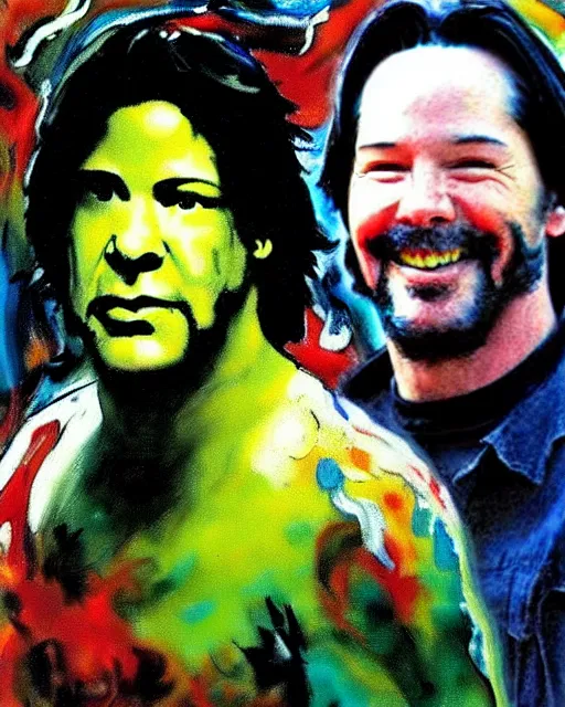 Image similar to jackson pollock painting of keanu reeves and shrek