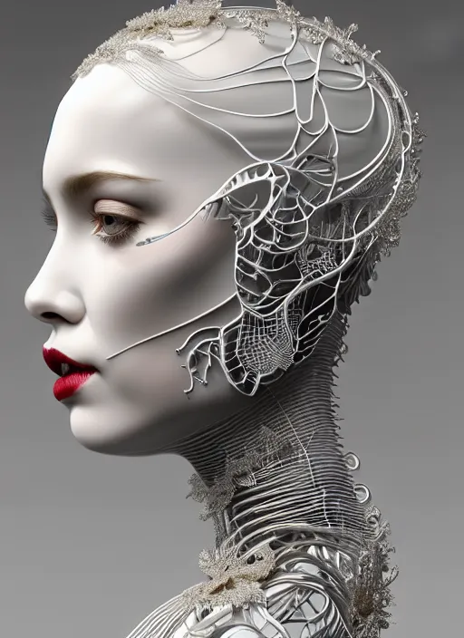 Image similar to complex 3d render ultra detailed of a beautiful porcelain profile woman face, mechanical cyborg, 150 mm, beautiful natural soft light, rim light, studio light, silver gold details, Alexander Mcqueen haute couture, magnolia big leaves and stems, roots, fine foliage lace, mesh wire, intricate details, hyperrealistic, mandelbrot fractal, anatomical, red lips, silver metal armor, facial muscles, cable wires, microchip, elegant, white background, octane render, H.R. Giger style, 8k