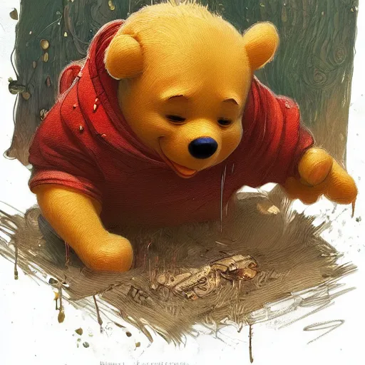 Image similar to Winnie the Pooh vomiting blood, highly detailed, digital painting, artstation, concept art, sharp focus, illustration, art by artgerm and greg rutkowski and alphonse mucha,