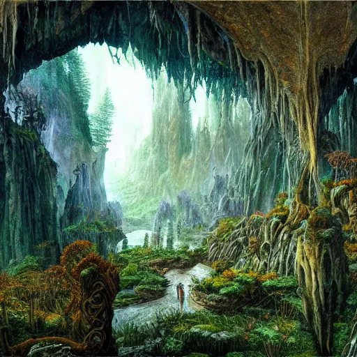 Prompt: a beautiful and highly detailed fantasy painting of a magical gerden deep in the misty mountains, intricate details, epic scale, insanely complex, 8 k, sharp focus, hyperrealism, fantasy landscape, psychedelic patterns, by caspar friedrich and james gurney,