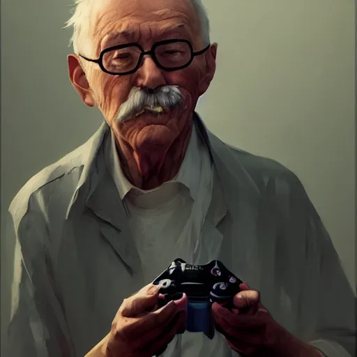 Prompt: An old man playing video games, holding a controller. By ilya kuvshinov, krenz cushart, Greg Rutkowski, trending on artstation. Sharp highlights, amazing textured brush strokes, accurate shape, cinematic soft, 8k, VFX, HDR, dramatic lighting, psychedelic colouring