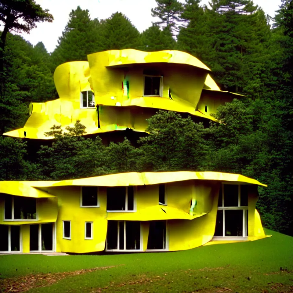 Prompt: a small flat house with big tiles in a forest, designed by Frank Gehry. Film grain, cinematic, yellow hue