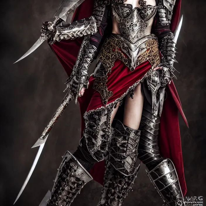 Image similar to full length photo of a very beautiful!! vampire warrior queen with ornate armour, highly detailed, 4 k, hdr, smooth, sharp focus, high resolution, award - winning photo