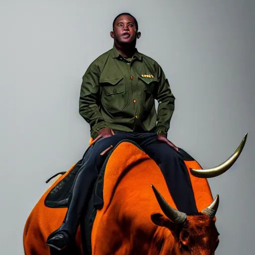Prompt: photograph of a black man wearing an army green jacket riding an orange colored bull
