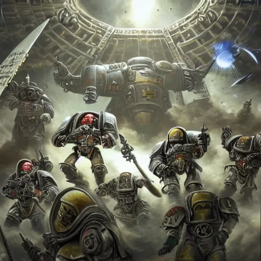 Image similar to historical photo of Warhammer 40k space marines emerging from a Stargate, hyper real, extremely detailed, 4K
