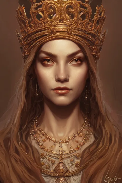 Image similar to highly detailed portrait of an elegant goddess, ornate crown, beautiful symmetrical face, digital painting, artstation, concept art, smooth, clear focus, illustration, greg rutkowski, artgerm, global lighting, detailed and fantasy