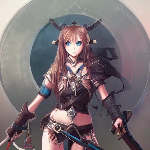 Prompt: a circle of magic swords above the head of a huntress, anime, trending in artstation, 4k