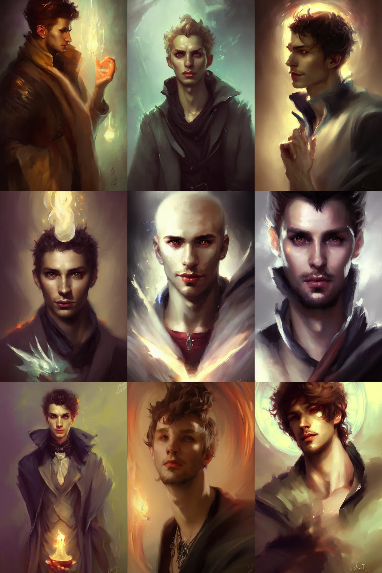 Prompt: portrait attractive young male warlock, midnight, spell casting, painting by bastien lecouffe deharme, vladimir volegov, j. c. leyendecker, tom of finland and rembrandt, trending on artstation