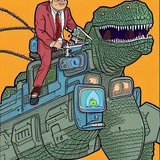 Image similar to detailed intricate colour illustration of a businessman with a laser pistol riding a mecha dinosaur, in the style of Geof Darrow