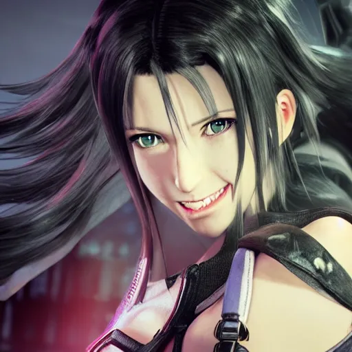 Prompt: a giant giga sized tifa from final fantasy 7 remake having fun destroying a city while smiling, digital art, octane render, award winning, very detailed, full body portrait, 3d render, detailed facial expressions, destroyed city, 4k destruction, fire, video game art, no text, ray tracing, slow motion glitter sparkles in the air, powerful, chakra attack, good composition