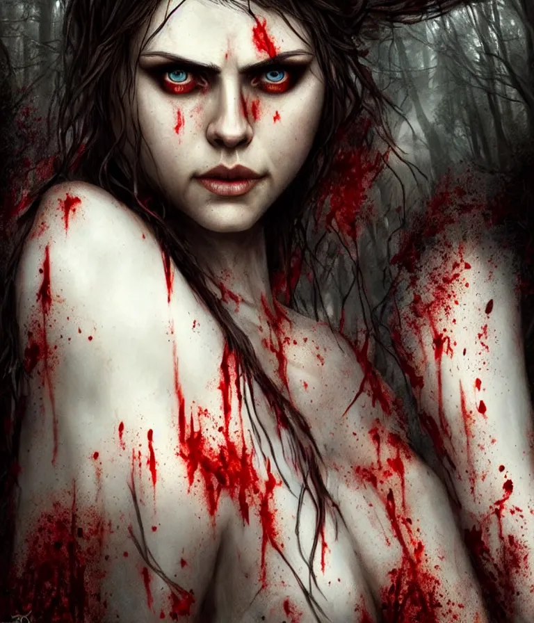 Prompt: photo of a gorgeous nordic female, covered in blood, in dark forest, alexandra daddario face!, realistic, sharp focus, hdr, 8 k, high definition, insanely detailed, intricate, elegant, art by stanley lau and artgerm, luis royo, greg kutkowski