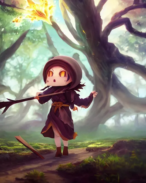 Image similar to oil painting of a MapleStory mage, cute chibi, attacking, casting a spell with a spear, wearing long magical robes, sharp focus, fantasy style, octane render, volumetric lighting, 8k high definition, by greg rutkowski, highly detailed, trending on artstation, magic the gathering artwork, magical forest background from MapleStory, centered