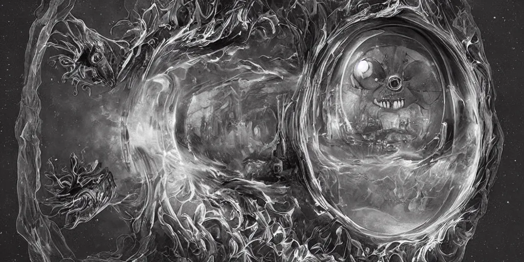 Image similar to a beautiful dreamy painting of a coronavirus inside a high-resolution television screen, laughing alien face, dark, sinister, detailed, art by M.C. Escher and Matt Lombardi and Greg Rutkowski-H 576