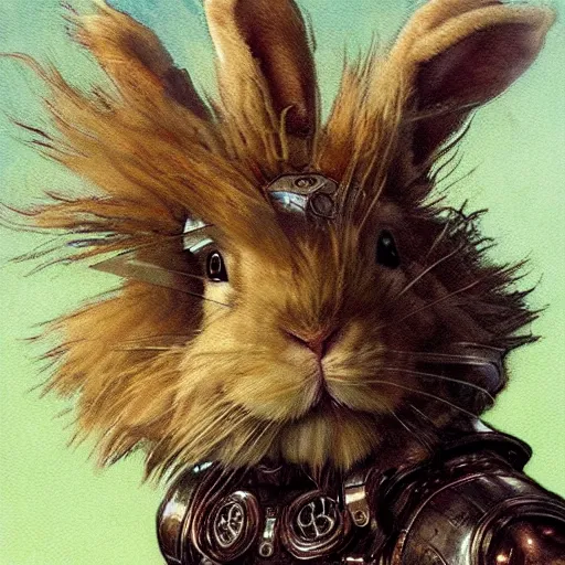 Prompt: the white dwarf lionhead bunny rabbit as a cyberpunk knight, closeup portrait art by norman rockwell and donato giancola and greg rutkowski