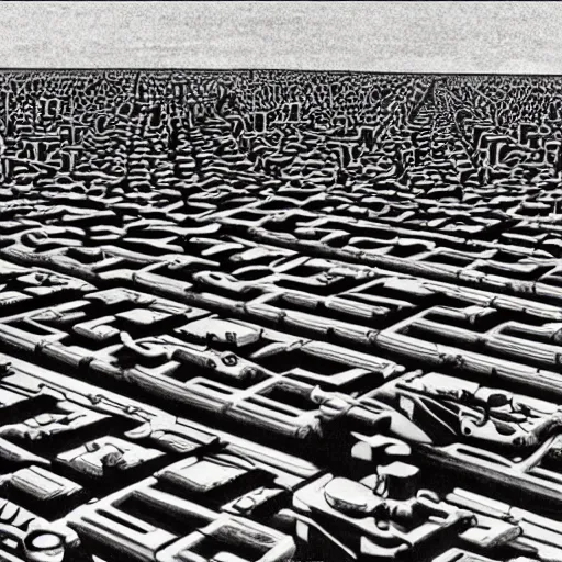 Image similar to painting of army of army of metallic robots in desert, by mc escher